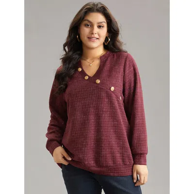Bloomchic Women's Plus Size Plain Textured Notched Button Detail Sweatshirt Burgundy Plain Dailywear 14-16/1x