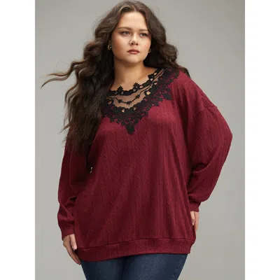 Bloomchic Women's Plus Size Plain Textured Patchwork Lace Panel Sweatshirt Scarlet Plain Everyday 14-16/1x In Red