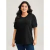Bloomchic Women's Plus Size Plain Textured Patchwork Lantern Sleeve T-shirt Black Solid Casual Short Sleeve Ro In Black