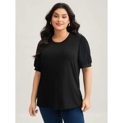 Bloomchic Women's Plus Size Plain Textured Patchwork Lantern Sleeve T-shirt Black Solid Casual Short Sleeve Ro