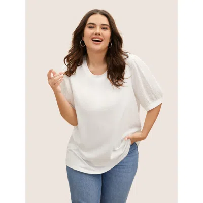 Bloomchic Women's Plus Size Plain Textured Patchwork Lantern Sleeve T-shirt Whitesmoke Solid Casual Short Slee
