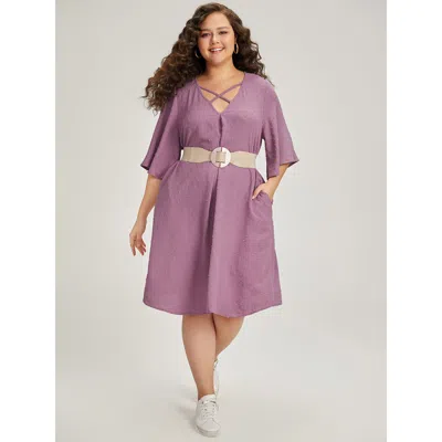 Bloomchic Women's Plus Size Plain Textured Plicated Detail Crisscross Ruffle Sleeve Dress Lilac Dailywear Text In Purple