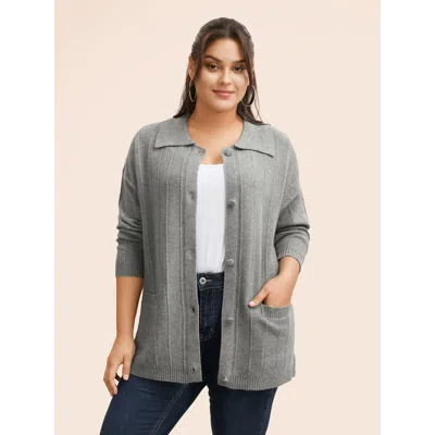 Bloomchic Women's Plus Size Plain Textured Polo Neck Pocket Cardigan Mediumgray Long Sleeve 10/m