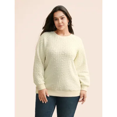Bloomchic Women's Plus Size Plain Textured Raglan Sleeve Sweatshirt Beige Casual 12/l In Sand