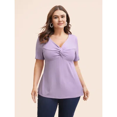 Bloomchic Women's Plus Size Plain Textured Rib Knit Twist Front T-shirt Lilac Non Elegant Short Sleeve 14-16/1 In Purple