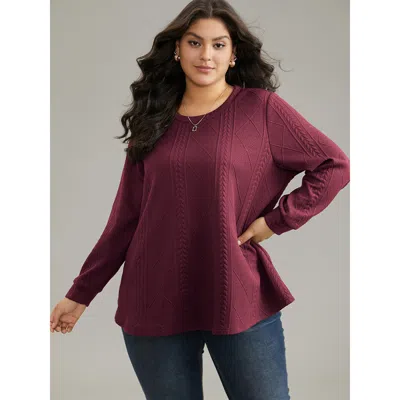 Bloomchic Women's Plus Size Plain Textured Round Neck Sweatshirt Burgundy Plain Everyday 14-16/1x