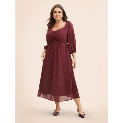 Bloomchic Women's Plus Size Plain Textured Ruched Lantern Sleeve Dress Scarlet Synthetic Texture Midi Everyday In Red