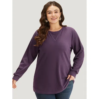 Bloomchic Women's Plus Size Plain Textured Stitch Crew Neck Sweatshirt Eggplant Plain Dailywear 10/m In Purple