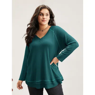 Bloomchic Women's Plus Size Plain Textured Stitch Raglan Sleeve Sweatshirt Cyan Not Graphics Casual V-neck 10/ In Blue