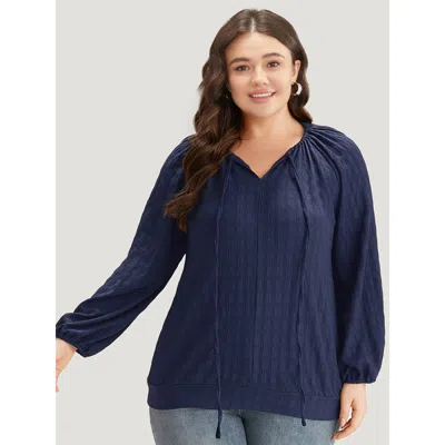 Bloomchic Women's Plus Size Plain Textured Tie Neck Lantern Sleeve T-shirt Blue Long Sleeve Dailywear 12/l