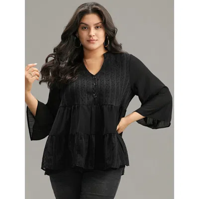 Bloomchic Women's Plus Size Plain Textured V Neck Elastic Waist Ruffle Hem Blouse Black Dailywear 3/4 Sleeve 1