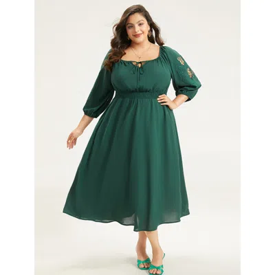 Bloomchic Women's Plus Size Plain Tie Neck Cut Out Shirred Dress Darkgreen Dailywear Elastic Cuffs 10/m In Green