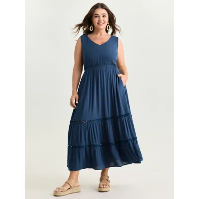 Bloomchic Women's Plus Size Plain Tiered Lace Trim Maxi Dress Darkblue Solid Length Vacation 10/m In Blue