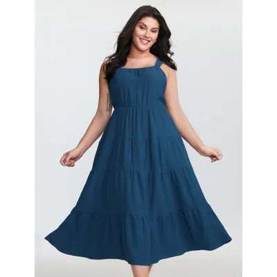 Bloomchic Women's Plus Size Plain Tiered Wide Strap Maxi Dress Aegean Solid Tunic Casual 10/m In Blue