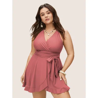 Bloomchic Women's Plus Size Plain Ties Wrap Flutters Swim Dress Crepe Solid Lace-up Adaptive-fit 30/6x