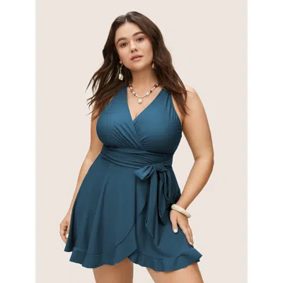 Bloomchic Women's Plus Size Plain Ties Wrap Flutters Swim Dress Cyan Solid Lace-up Adaptive-fit 10/m In Blue