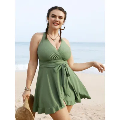Bloomchic Women's Plus Size Plain Ties Wrap Flutters Swim Dress Moss Solid Lace-up Adaptive-fit 10/m In Green