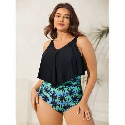 Bloomchic Women's Plus Size Plain Tropical Pattern Layered One-piece Swimsuit Black Tropical Tiered Adaptive-f