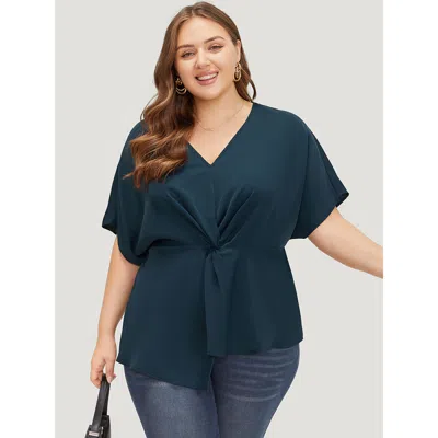 Bloomchic Women's Plus Size Plain Twist Front Dolman Sleeve Asymmetrical Hem Blouse Indigo Dailywear Short Sle In Purple