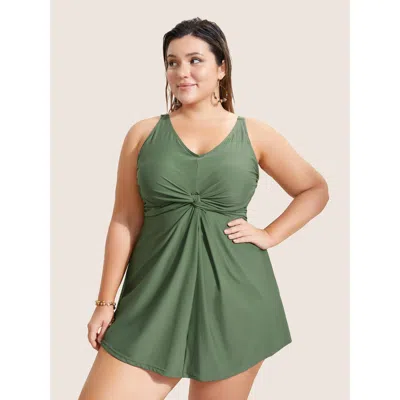 Bloomchic Women's Plus Size Plain Twist Front Gathered Swim Dress Armygreen Non Twist Adaptive-fit 28/5x