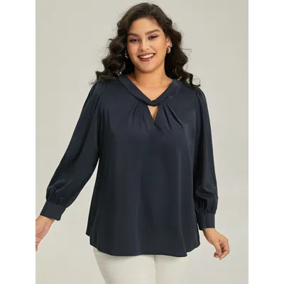 Bloomchic Women's Plus Size Plain Twist Neck Keyhole Lantern Sleeve Blouse Midnight Office Long Sleeve 12/l In Blue