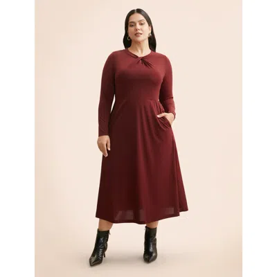 Bloomchic Women's Plus Size Plain Twist Neck Midi Dress Burgundy Non Midi Office Twist 12/l