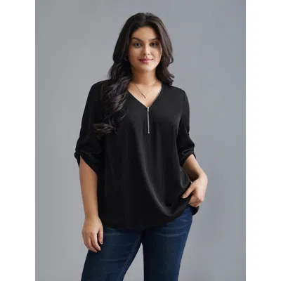 Bloomchic Women's Plus Size Plain V Neck Half Zip Tab Sleeve Blouse Black Non Office 3/4 Sleeve 18-20/2x