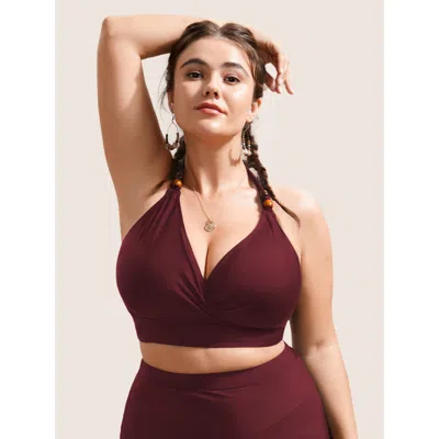 Bloomchic Women's Plus Size Plain V Neck High Stretch Tie Knot Swim Top Deepred Solid Sleeveless Non Adaptive- In Red