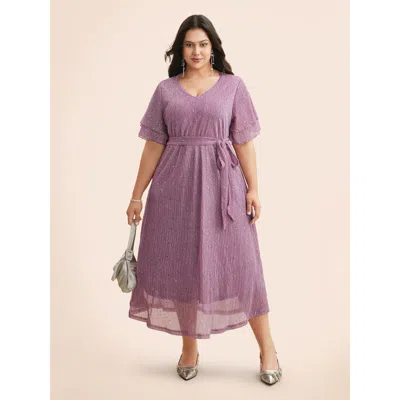 Bloomchic Women's Plus Size Plain V Neck Mesh Pocket Ruffle Tiered Belted Midi Dress Purple Non Midi Party Ruf