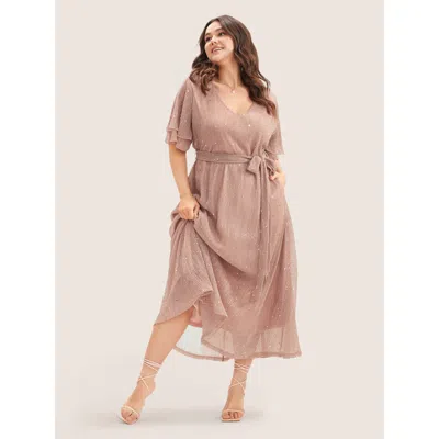 Bloomchic Women's Plus Size Plain V Neck Mesh Pocket Ruffle Tiered Belted Midi Dress Watermelon Non Midi Party In Green