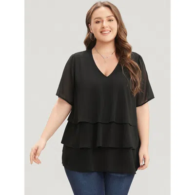 Bloomchic Women's Plus Size Plain V Neck Mesh Ruffle Tiered Blouse Black Solid Dailywear Short Sleeve 10/m