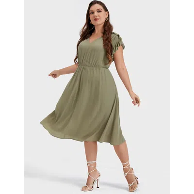 Bloomchic Women's Plus Size Plain V Neck Ruffles Trim Pocket Knee Dress Armygreen Solid Dailywear Plain 30/6x