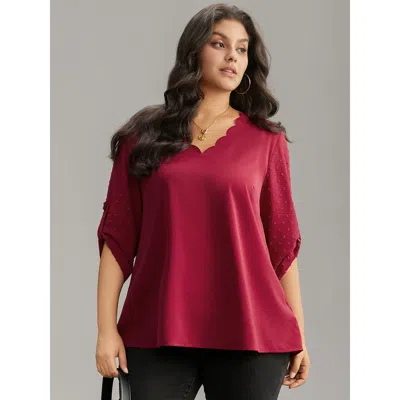 Bloomchic Women's Plus Size Plain V Neck Tab Sleeve Scalloped Trim Blouse Scarlet Office 3/4 Sleeve 12/l In Red