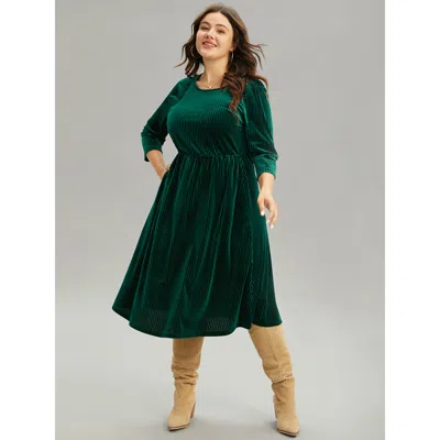 Bloomchic Women's Plus Size Plain Velvet Elastic Waist Pocket Crew Neck Dress Darkgreen Solid Midi Everyday No In Green