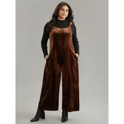 Bloomchic Women's Plus Size Plain Velvet Spaghetti Strap Pocket Jumpsuit Chocolate Dailywear 10/m In Brown