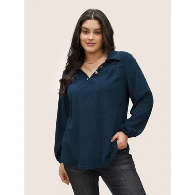 Bloomchic Women's Plus Size Plain Waffle Knit Gathered Button Detail T-shirt Blue Non Everyday Long Sleeve 26/