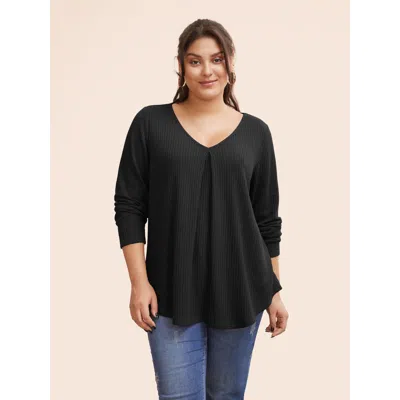 Bloomchic Women's Plus Size Plain Waffle Knit Scoop Neck Plicated Detail T-shirt Black Solid Casual Long Sleev