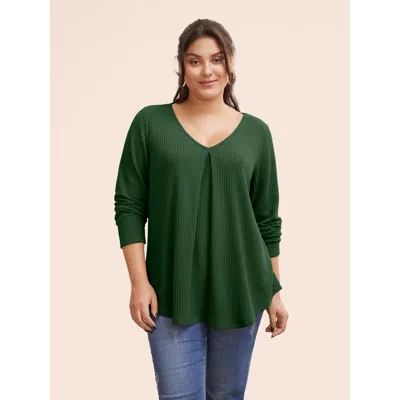 Bloomchic Women's Plus Size Plain Waffle Knit Scoop Neck Plicated Detail T-shirt Darkgreen Solid Casual Long S In Green