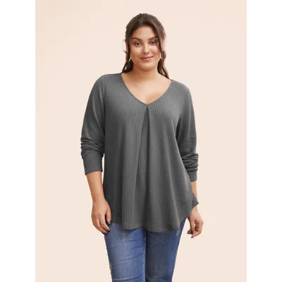Bloomchic Women's Plus Size Plain Waffle Knit Scoop Neck Plicated Detail T-shirt Gray Solid Casual Long Sleeve