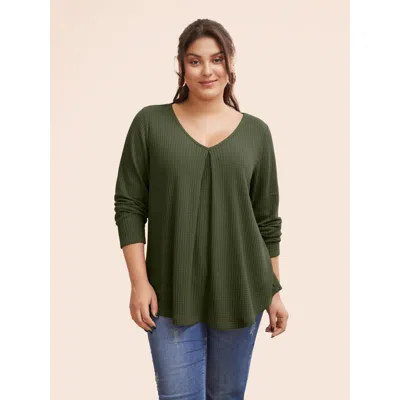 Bloomchic Women's Plus Size Plain Waffle Knit Scoop Neck Plicated Detail T-shirt Green Solid Casual Long Sleev