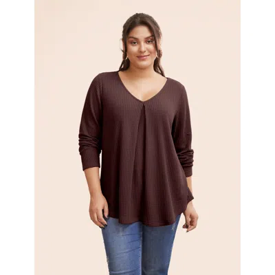 Bloomchic Women's Plus Size Plain Waffle Knit Scoop Neck Plicated Detail T-shirt Maroon Solid Casual Long Slee In Burgundy