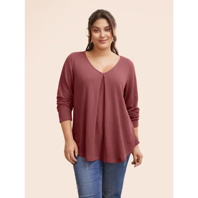Bloomchic Women's Plus Size Plain Waffle Knit Scoop Neck Plicated Detail T-shirt Russet Solid Casual Long Slee In Brown