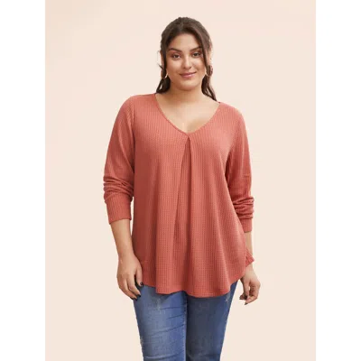 Bloomchic Women's Plus Size Plain Waffle Knit Scoop Neck Plicated Detail T-shirt Salmon Solid Casual Long Slee In Pink