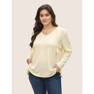 Bloomchic Women's Plus Size Plain Waffle Knit Tassel Trim Hooded Sweatshirt Beige Plain Everyday 10/m In Sand
