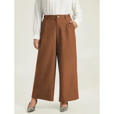 Bloomchic Women's Plus Size Plain Wide Leg Elastic Waist Pocket Pants Bronze High Rise Office 10/m In Brown