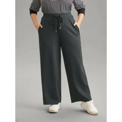 Bloomchic Women's Plus Size Plain Wideband Waist Drawstring Pants Dimgray Mid Rise Dailywear 10/m