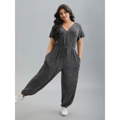 Bloomchic Women's Plus Size Plain Wrap Drawstring Pocket Jumpsuit Dimgray Casual 18-20/2x