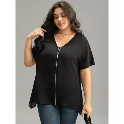 Bloomchic Women's Plus Size Plain Zipper Curved Hem Blouse Black Office Short Sleeve 12/l