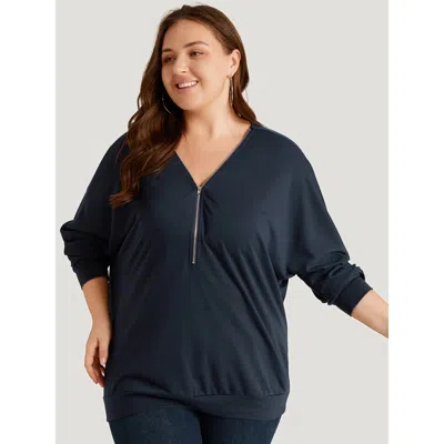 Bloomchic Women's Plus Size Plain Zipper Half Elastic Cuffs Batwing Sleeve Sweatshirt Indigo Plain Dailywear 1 In Purple