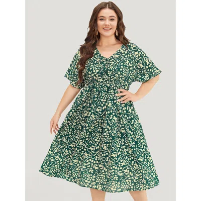 Bloomchic Women's Plus Size Plant & Geometric Batwing Sleeve Pocket Flutter Knot Neck Dress Darkgreen Dailywea In Green